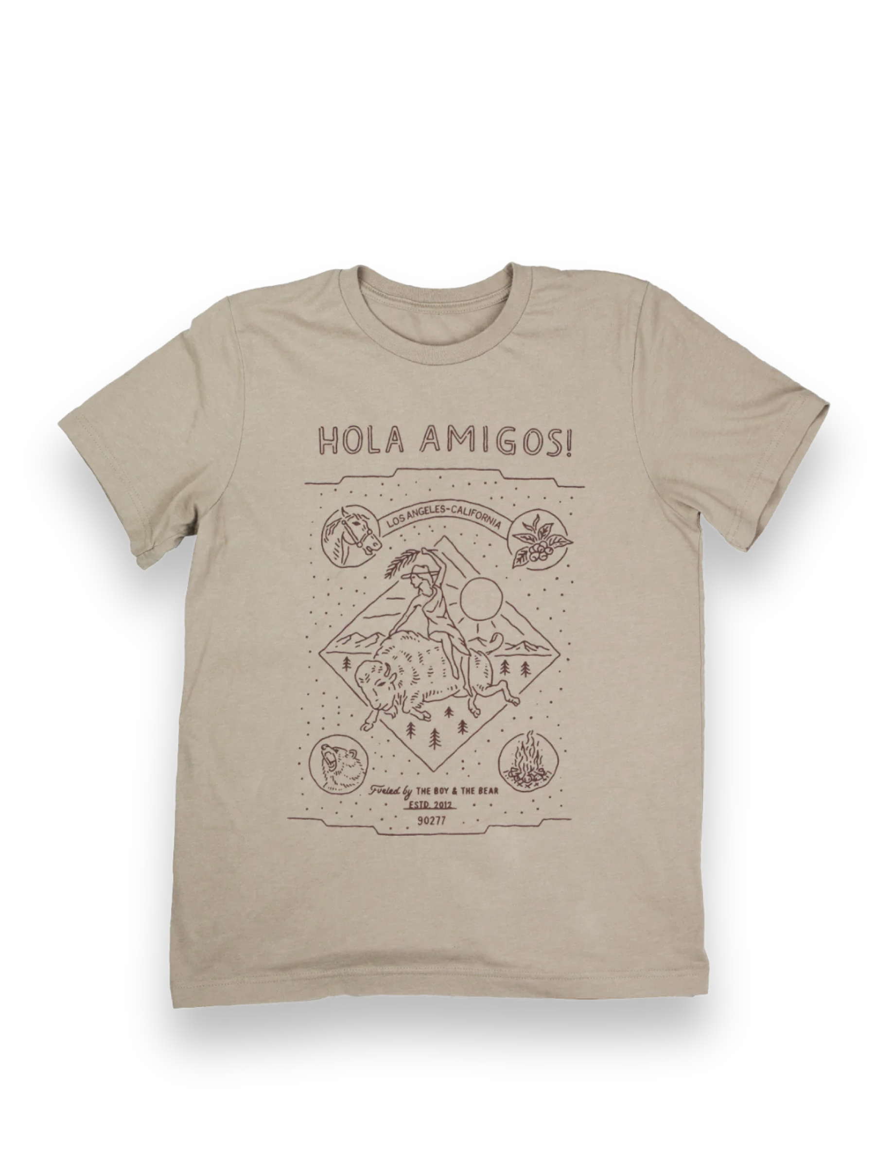 Photo of Hola Amigos Tee - Small, apparel from The Boy & The Bear, a specialty coffee roastery based in Los Angeles. Crafted for fans of Colombian coffee and premium coffee. Discover the best coffee experience online or in Los Angeles.